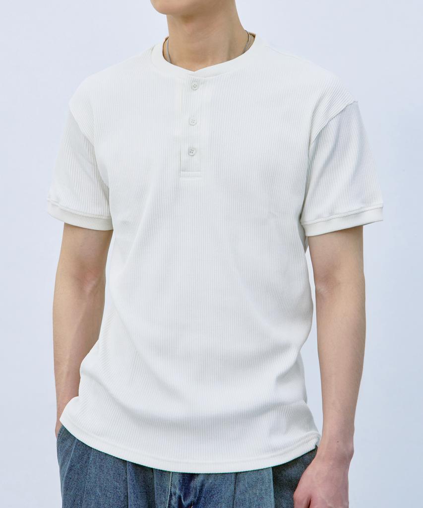 Atejeu Ribbed Henley Neck Short Sleeve T-Shirt [Ivory]