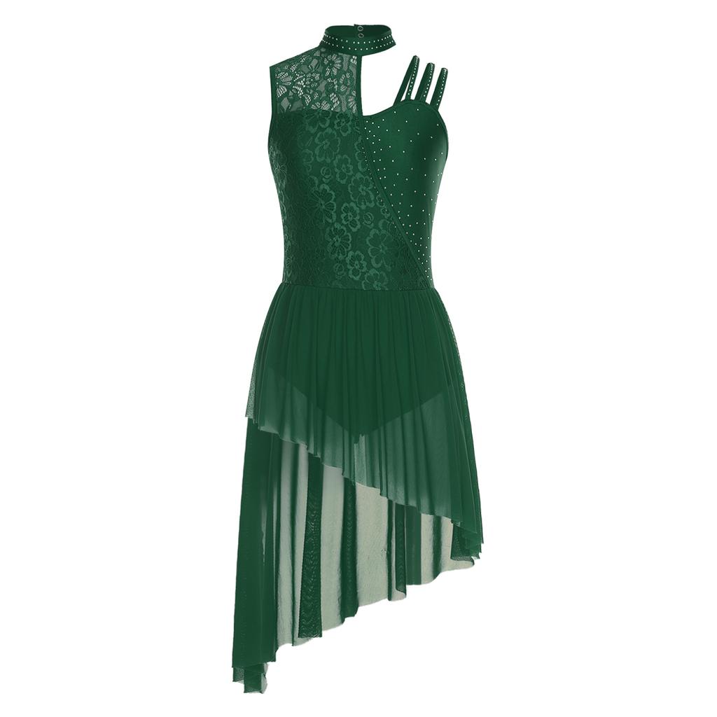 Womens Lyrical Dance Leotard Floral Lace Rhinestones Irregular Hem Openable Crotch One Piece Asymmetrical Dress