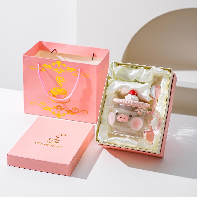Creative Cute High Borosilicate Glass Mug Pink Girl Heart Gift Water Cup with Lid Spoon Pig Cat Cup