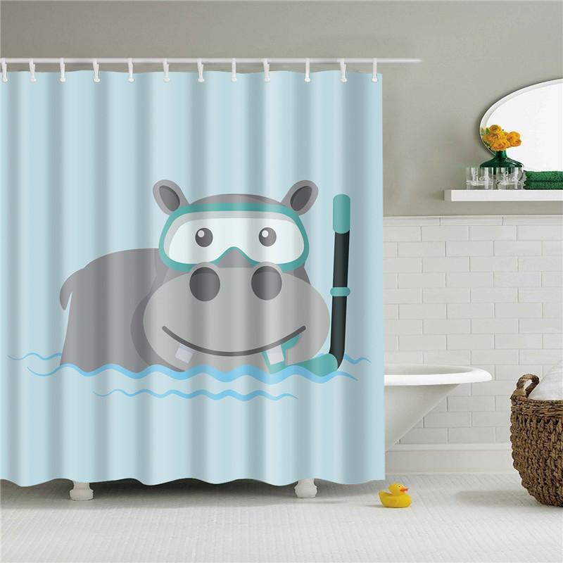 Fabric Shower Curtain Cute Cartoon Hippo Animals Dogs Cats Deer Bath Curtain Waterproof Polyester Bathroom Curtain With Hooks