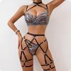 2024 Newest Zebra-Print Mesh Lingerie Set Women Sexy Hollowed-Out Neck Comfortable Lingerie 4Pcs Women Sex Underwear Suit
