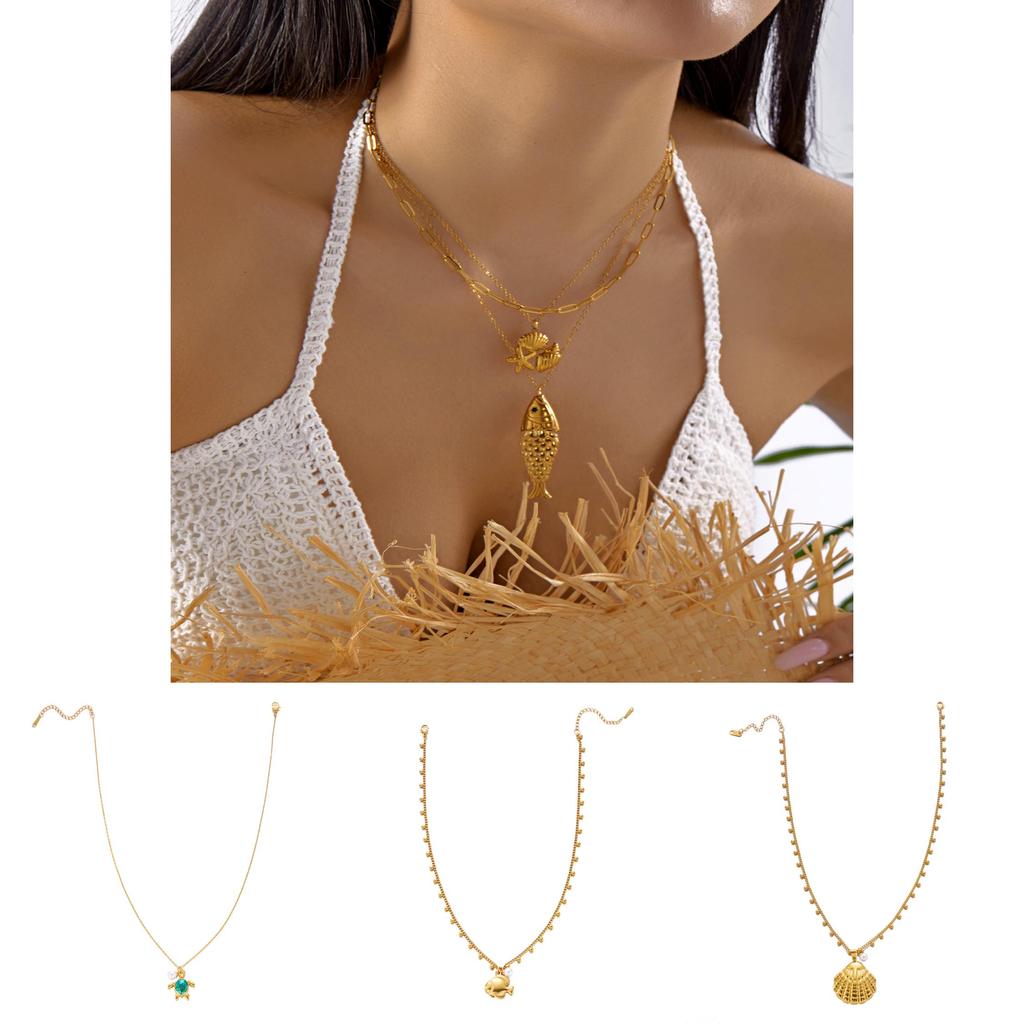 Ocean Style Stainless Steel Necklace With Shell Beads And Animal For Women And Men