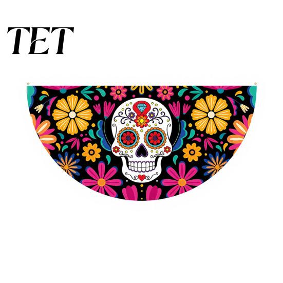 Colorful Cemetery Memorial Flag Day of The Dead Skull Bunting Banner, Marigold Print Fiesta Hanging Flag, Sugar Outdoor Yard Party Decor Floral