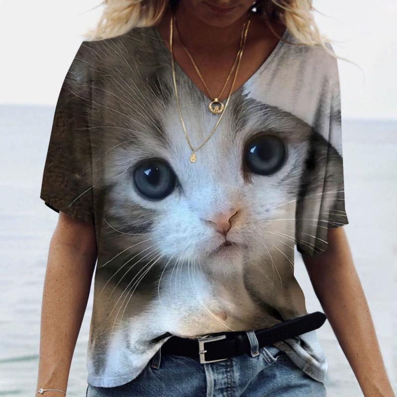 Sommer V-Ausschnitt 3D Katze Gedrucktes Oberteil Modische Lässige Kurzarm Damen T-Shirts