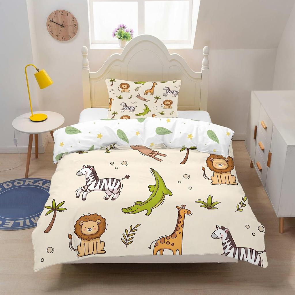 Copripiumino Animali della Giungla 2 Pezzi, Set Biancheria da Letto Stampata 3D con Leone e Giraffa con Chiusura a Zip, Federe per Adolescenti e Adulti