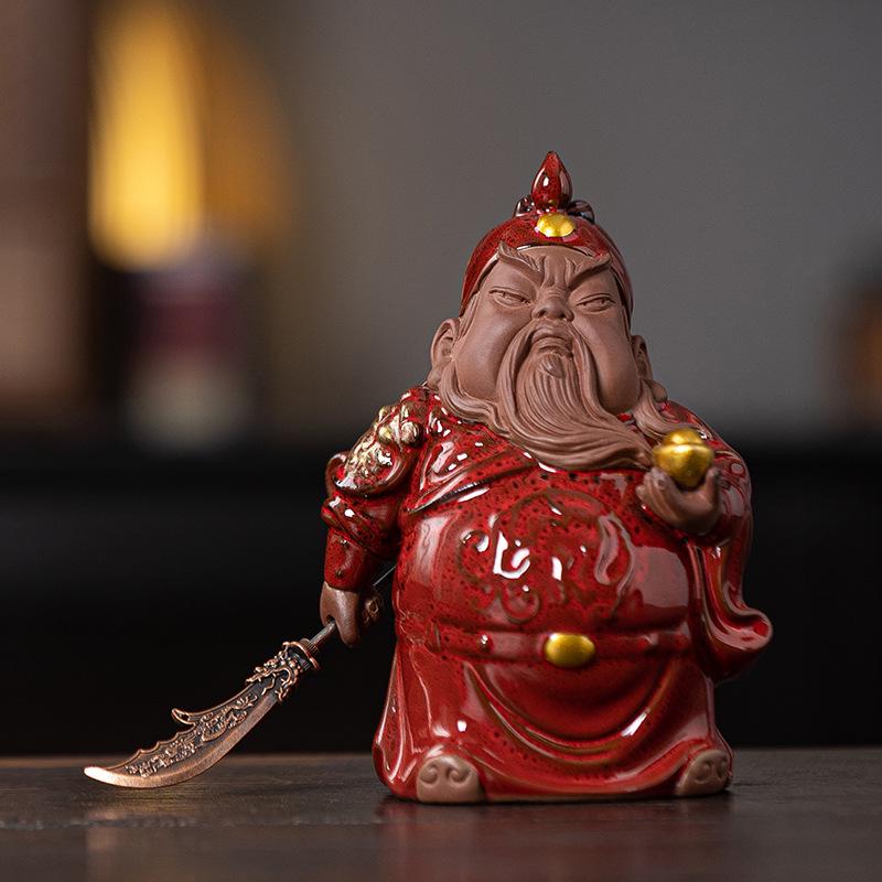 Guan Gong Martial Saint Statue: Ceramic Guan Yu Ornament for Tea Room, Living Room, or Study Decor.