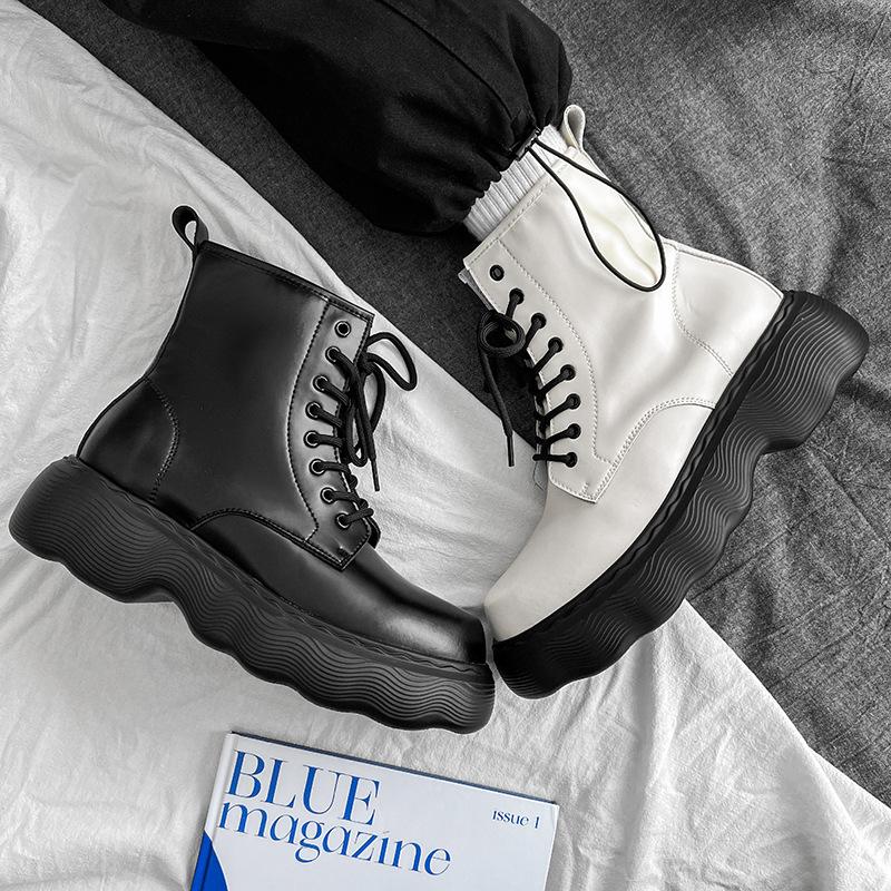 Fashion British style mens casual platform boots lace-up genuine leather shoes cowboy ankle boot black white handsome short botas hombre