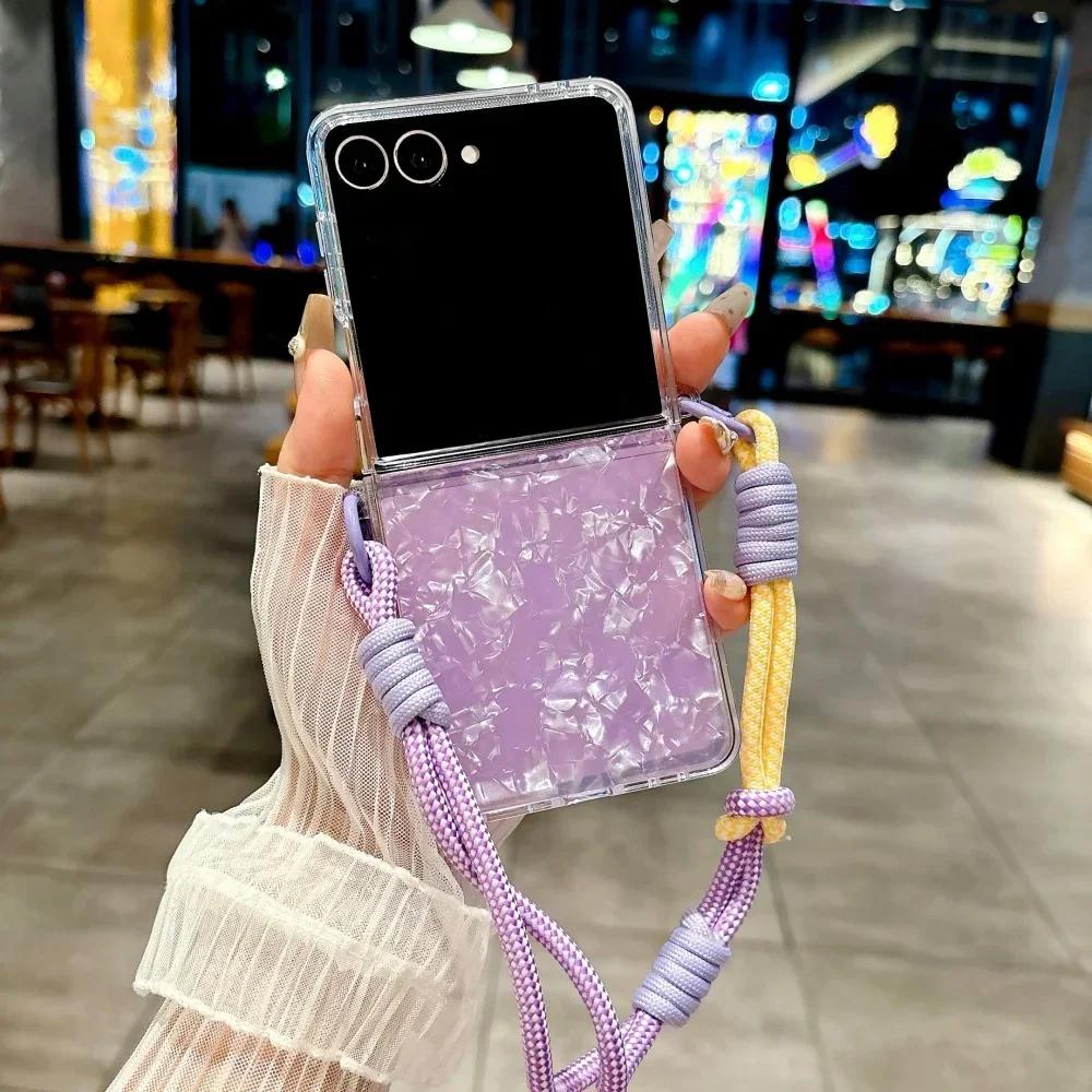 Gradient Water Ripple Colorful Lanyard Phone Case for Samsung Galaxy Z Flip 7 6 5 4 3 Slim Hard Shell Wrist Strap Protect Cover