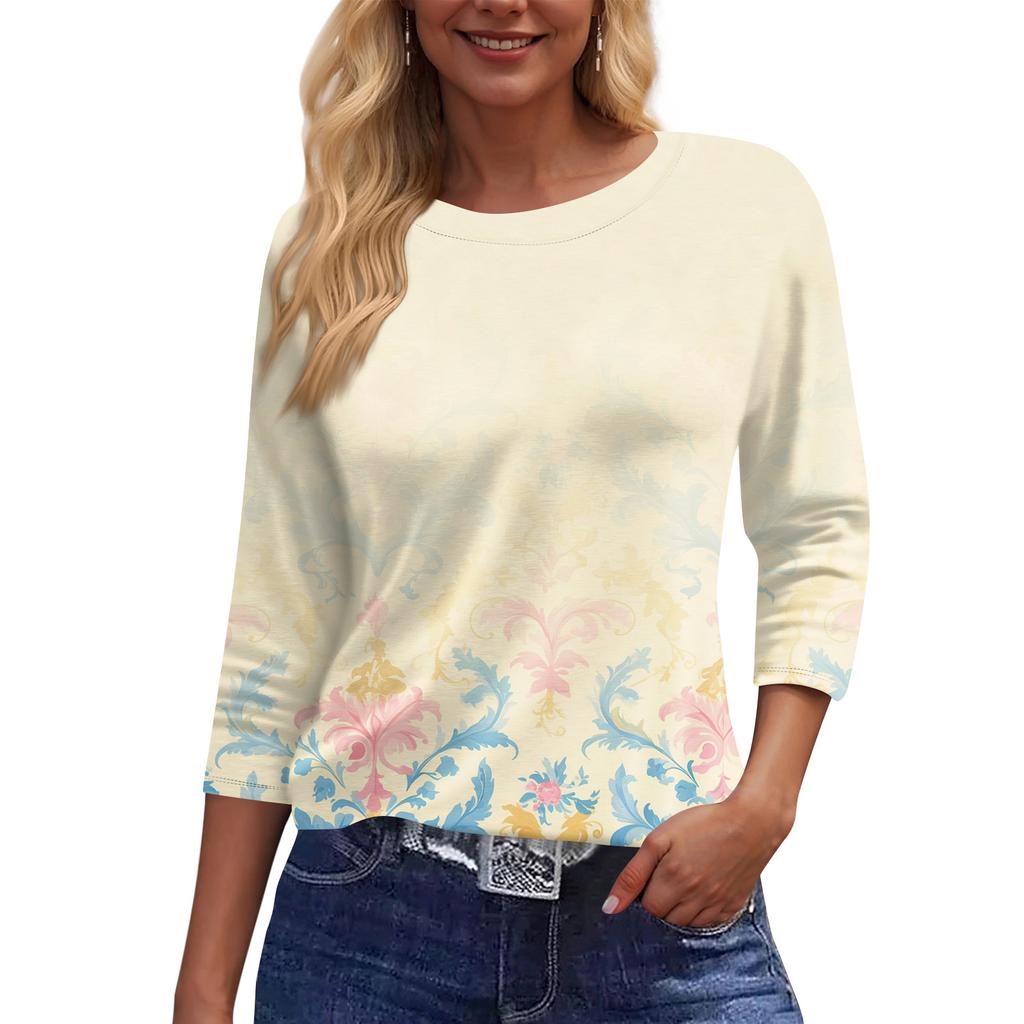Women's Fashion Casual 3/4 Sleeve T,Shirt Printed Round Neck Pullover Top