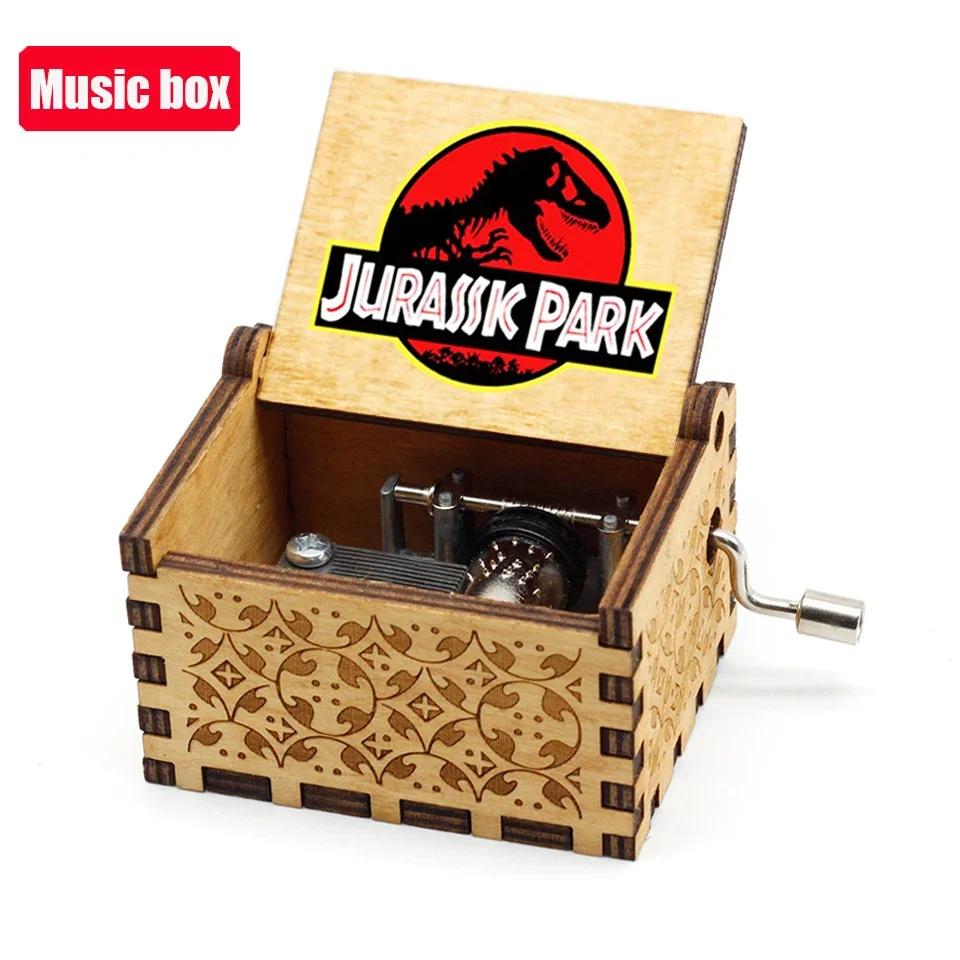 **Hot Antique carved Wooden Hand Crank Jurassic Park Music Box Action Toy Figure Anime Model Christmas Birthday Gift
