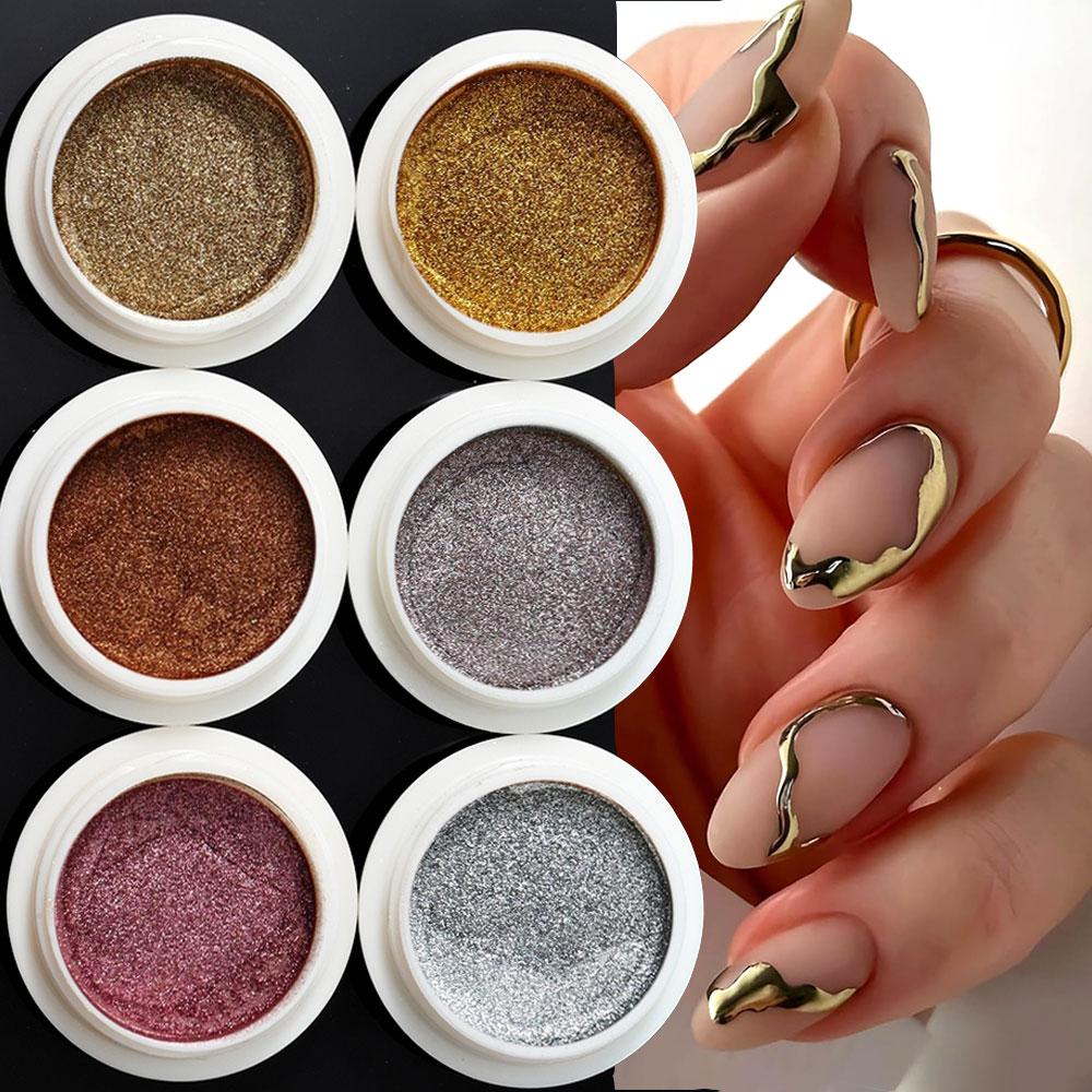 6pcs Chrome Gold Silver Nail Powder Mirror Metallic Rubbing Nail Art Glitter Pigment Rose/Golden/Silvery/Brown Nail Chrome Dust