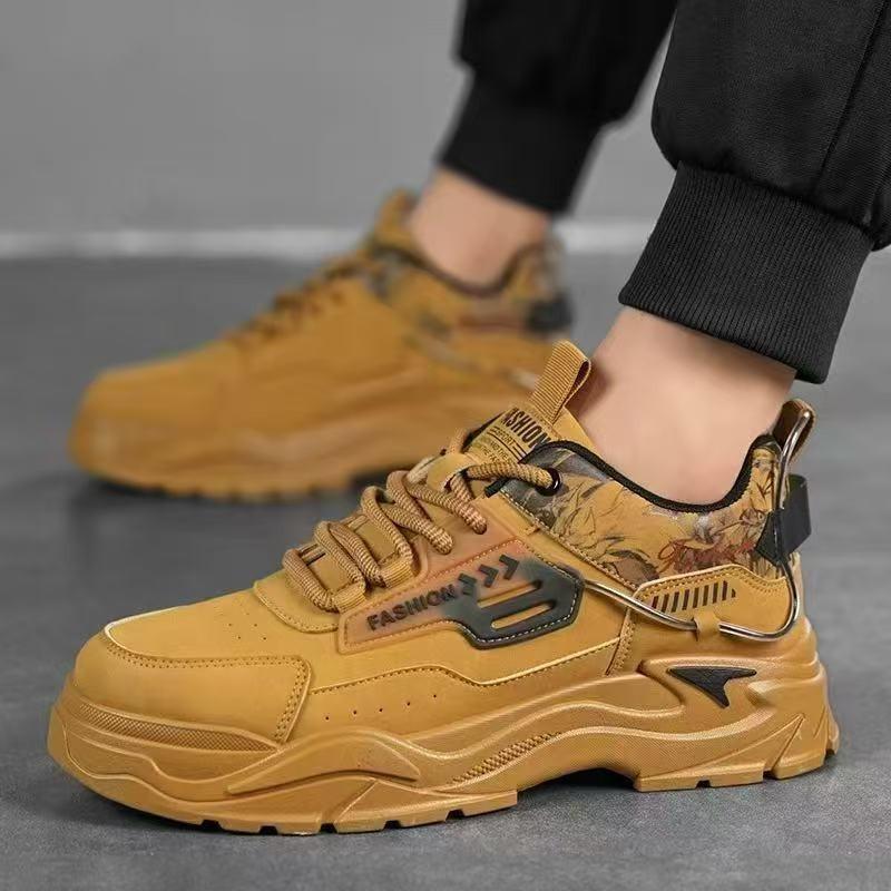 New Men's Sports Single Shoes Leather Surface Casual Board Shoes Young and Young Thick Sole Heightening Non-slip Tooling Shoes Yellow Outdoor