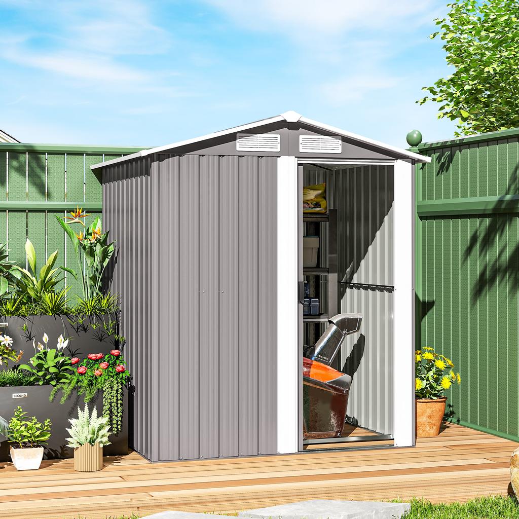 Garden Metal Tool Storage Shed with Sliding Door, Sloped Roof and Foundation Kit, 152 x 132 x 188cm, Grey