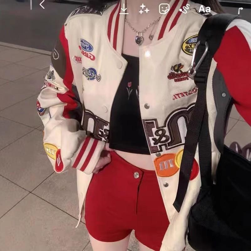 Womens Oversized Streetwear Embroidered Baseball Jacket Hip Hop Loose Fit Moto Style