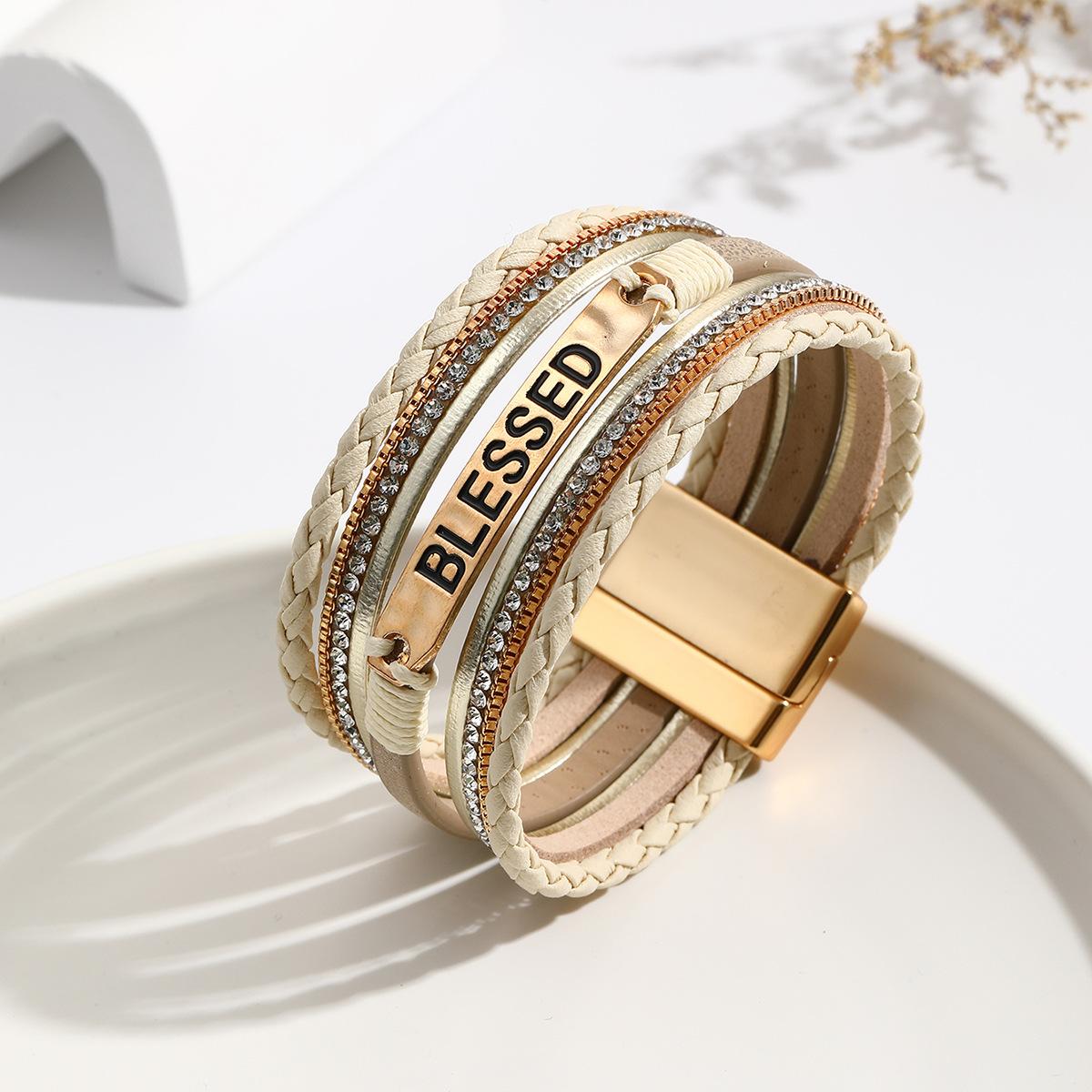 

Braided Rhinestone Leather Bracelet for Women Men Boho Multilayer Wrap Wide Bangle Jewelry Accessories хаки