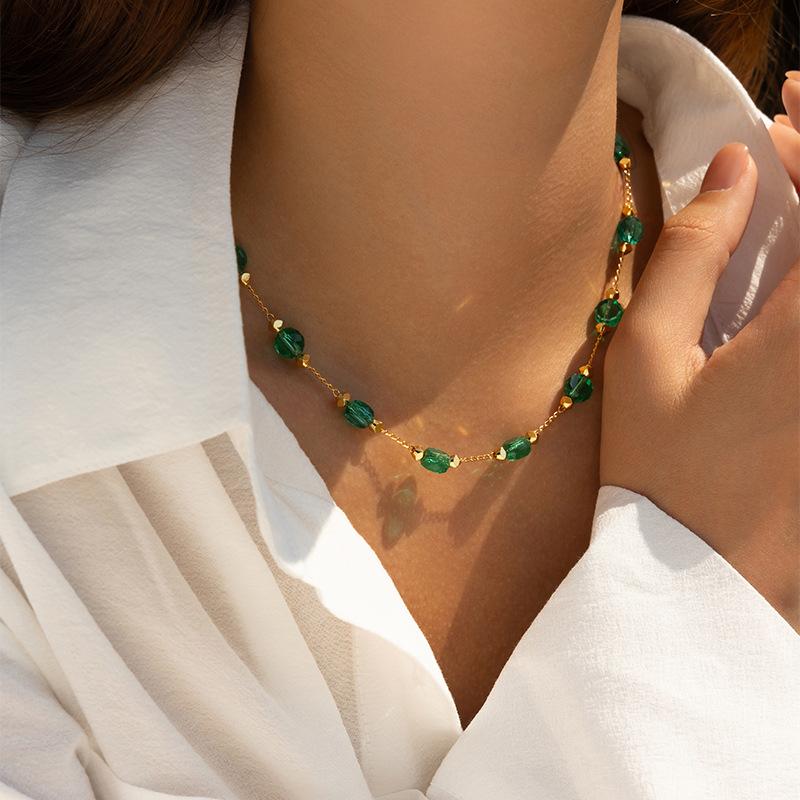 Cadena de Collar de Cuentas de Cristal Transparente Facetado Chapado en Oro Con Extensión