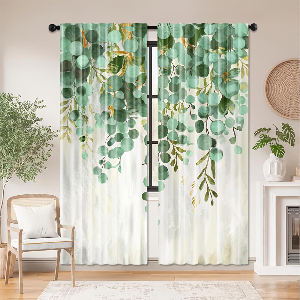 Set Of 2 Elegant Green Plant Print Curtains Spring Bedroom Decor Semi Transparent Polyester Fabric Botanical Design Rod Curtain For Made