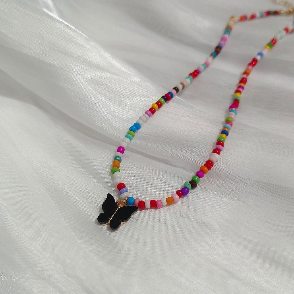 European Retro Bohemian Multi-Color Beaded Necklace with Butterfly Pendant