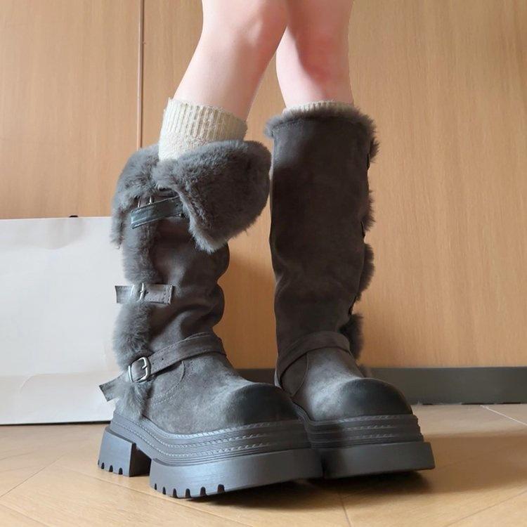 Dicke Sohle, zwei Tragemöglichkeiten, flauschige Schneestiefel für dünne Frauen im Winter, Nordost-Stiefel, hoch und samtig, aber knielang