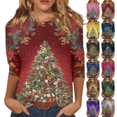 3/4 Sleeve Shirts For Women Print Christmas Tees Blouses Casual Plus Size Basic Tops Pullover