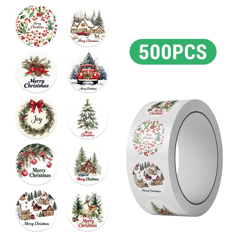 500PCS Christmas Stickers Roll Merry Christmas Stickers Labels Roll 1.5 Inch 10 Designs Round Christmas Tags Christmas Wreath