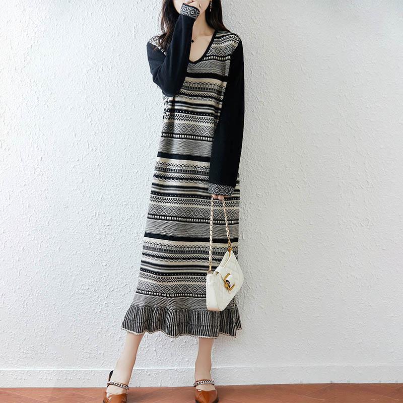 Women Sweater Dress 100% Wool MODERN NEW SAGA V-neck Knit Long Pullover Winter Jumpers Wool Long Dress Female