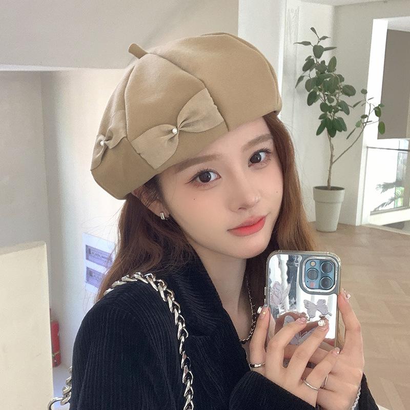 Japanese Sweet Bow Beret Female Cute Versatile Cloud Painter Hat Street Photography Fashion Woolen Octagonal Hat