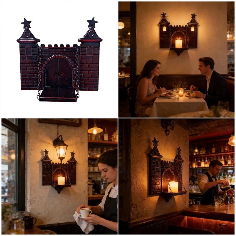 Hand Paint Castles Wall Sconce Candle Holders With Detailed Brick Texture And Chain Accent For Gothic Decoration