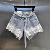 Stație europeană haine de vară noi industrie grea împletitură cu diamante dantelă gene talie înaltă subțiri elastice pantaloni scurți din denim femei