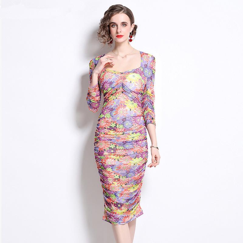 

Сексуальное облегающее платье для вечеринок и клубов с цветочным принтом, женское облегающее платье миди с квадратным воротником и пышными рукавами