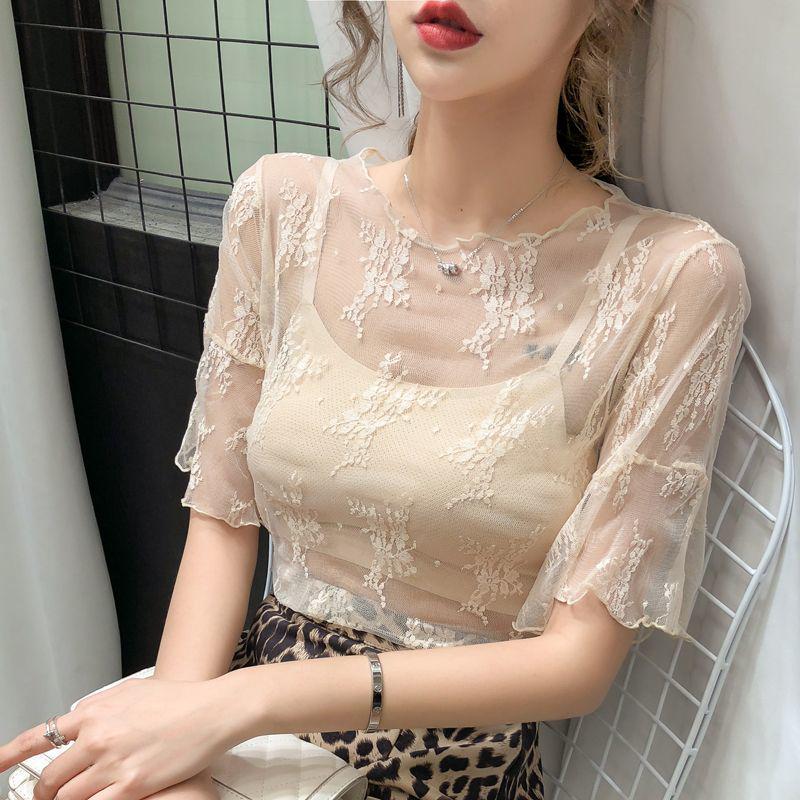 

Women s See-Through Bell Sleeve Lace Top - 2025 Fairy Style Hollow Out Mesh Gauze Layer Medium абрикосовий