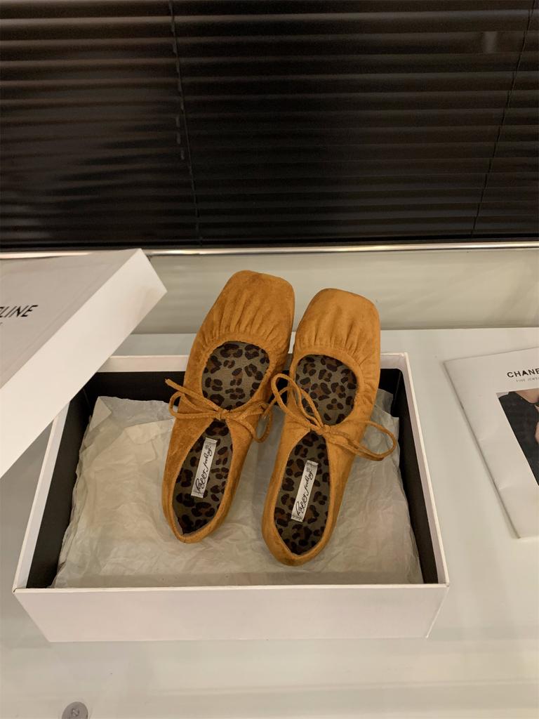 Flat-bottomed Pleated Skirt Mary Jane Single Shoes Women's Shoes 2025 Spring and Autumn Suede Lace-up Bow Evening Shoes