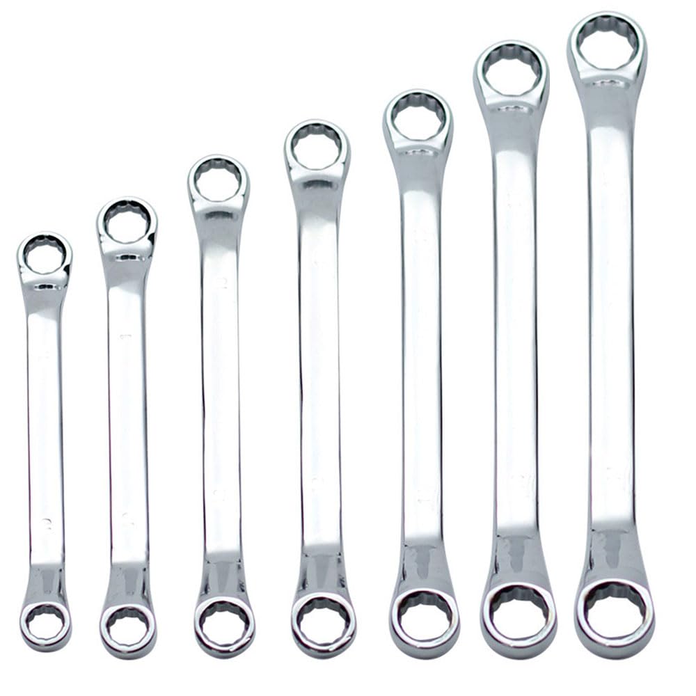 Set of 7 Long Open End Nut Tightening Mirror for Automotive and Motorcycle Repairs Wrenches, Tools, Finish, 75°, 6-17mm,