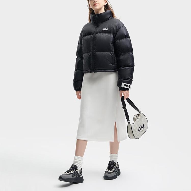 FILA Solid Color Logo Zip Stand Collar Long Sleeve Down Jacket Women outerwear Black F51W349901F-BK