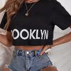 Brooklyn Print Cozy Crop Tee, Drop Shoulder Short Sleeve Crew Neck Casual Top For Spring & Summer, Women's Clothing