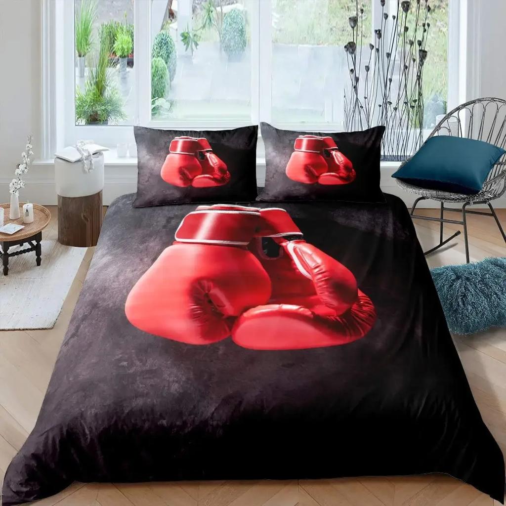 Boxing Duvet Cover Set Sports Games Theme Twin Bedding Set Microfiber Boxing Gloves Athlete Silhouette Queen King Quilt Cover