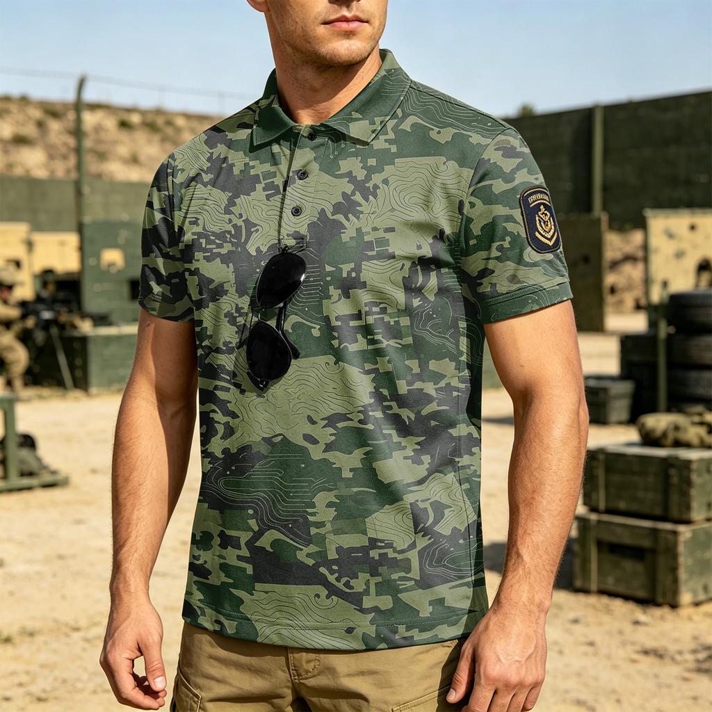 Men's Tactical Polo Shirt Loose Fit Breathable Outdoor Quick Dry Short Sleeve Camouflage Print with Velcro Patch Area