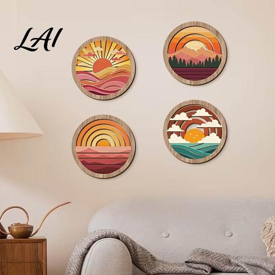 Multi-layer 3D Carving Decor 4Pcs Boho Sunset Wall Art Abstract Landscape Round Hanging Ornaments Unique Studio Decorations Wooden for Living
