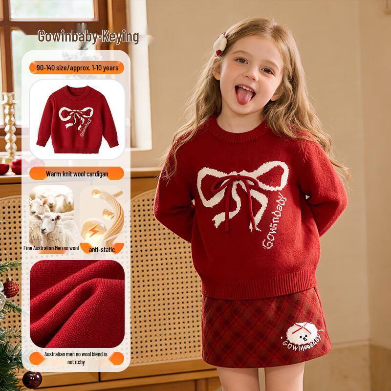 Girls  Red Bow Winter Pullover Sweater 120 (Height 110-120cm)