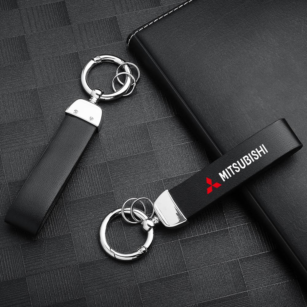 Car Key Accessory New Metal Leather Emblem Keychain Key Ring Cover For Mitsubishi ASX Lancer Pajero Outlander L200 EVO Accessory