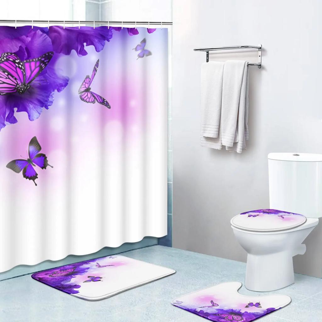 Big Butterfly Beautiful Polyester Shower Curtain Set Bathroom Set Waterproof Curtains Bath Mat Set Toilet Lid Cover 4 Pcs Decor