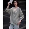 Petite Women's Korean Style Lace Patchwork V-Neck Drop Shoulder Sweatshirt