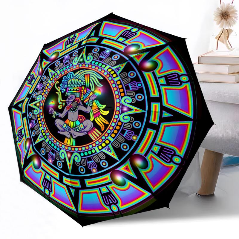 Aztekenkalender-Scheibe Outdoor Automatischer Regenschirm Kompakt 8-Rippen Leicht Langlebig Täglicher Begleiter Regenschirm Outdoor-Accessoire Stilvolles Geschenk für Frauen