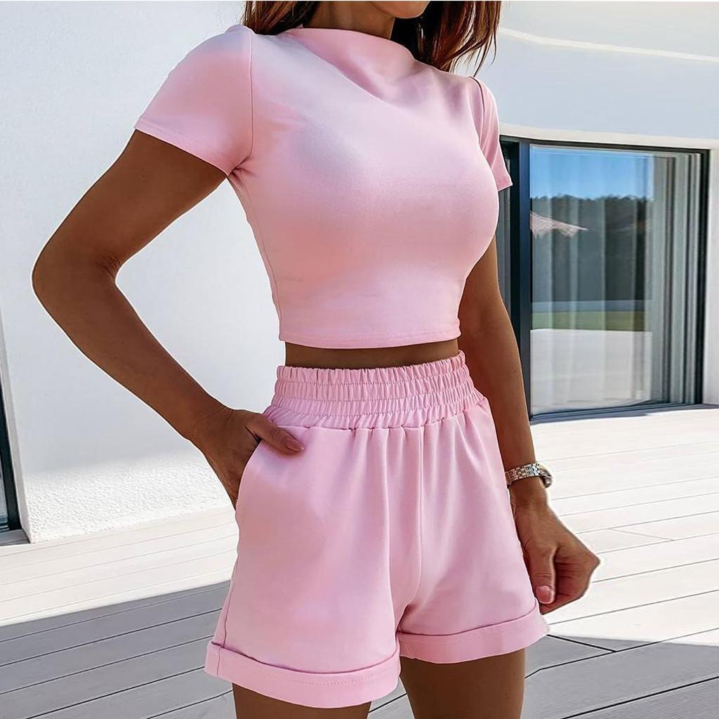 Fashion Womens Sexy Solid  Tracksuit Short Sleeve Tops Sports Shorts Set