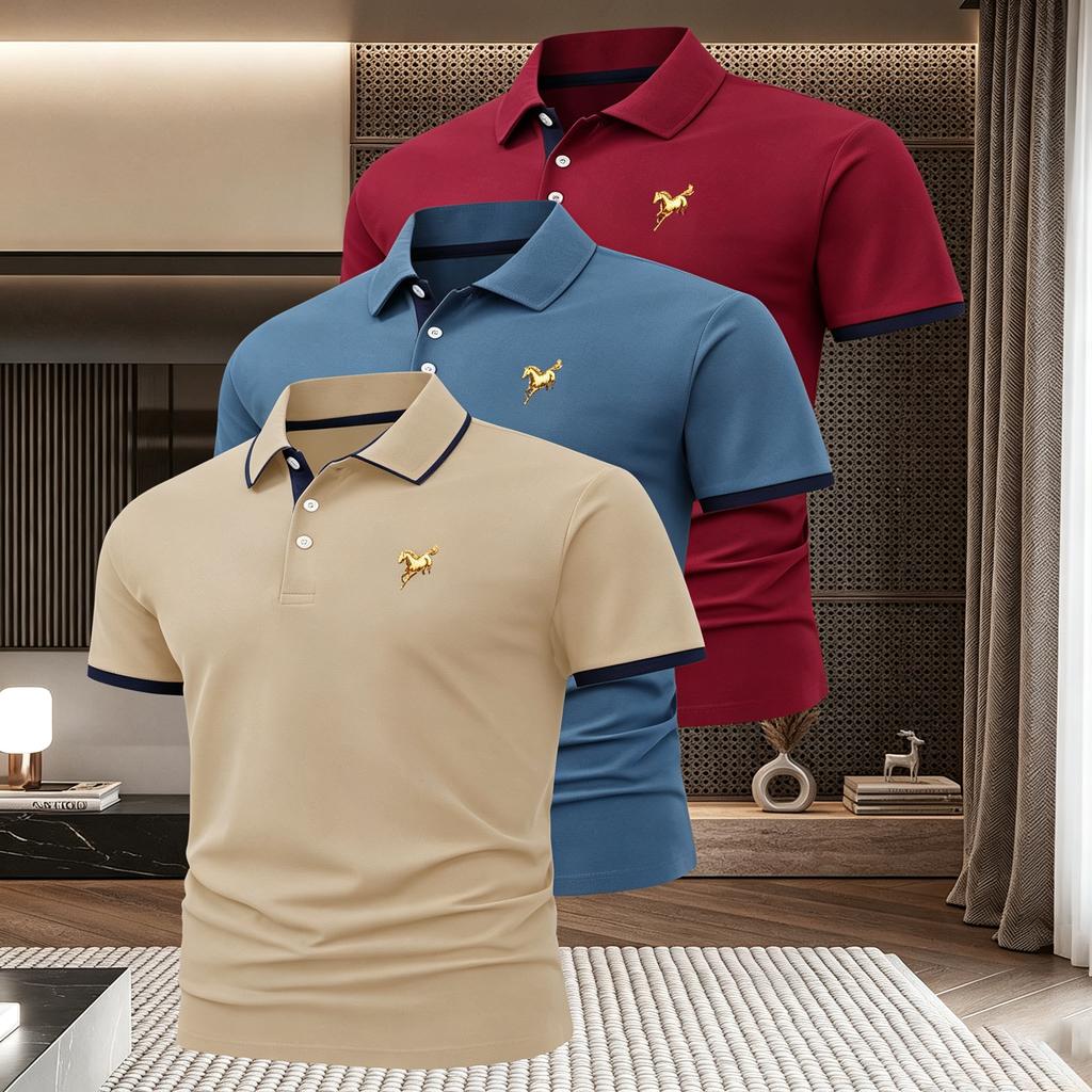 Men's 3-Pack Golf Shirt 3Button, Contrast-Color Sleeve Edges, Moisture-Wicking, Quick-Drying, Versatile Collared Top for Home and Outings