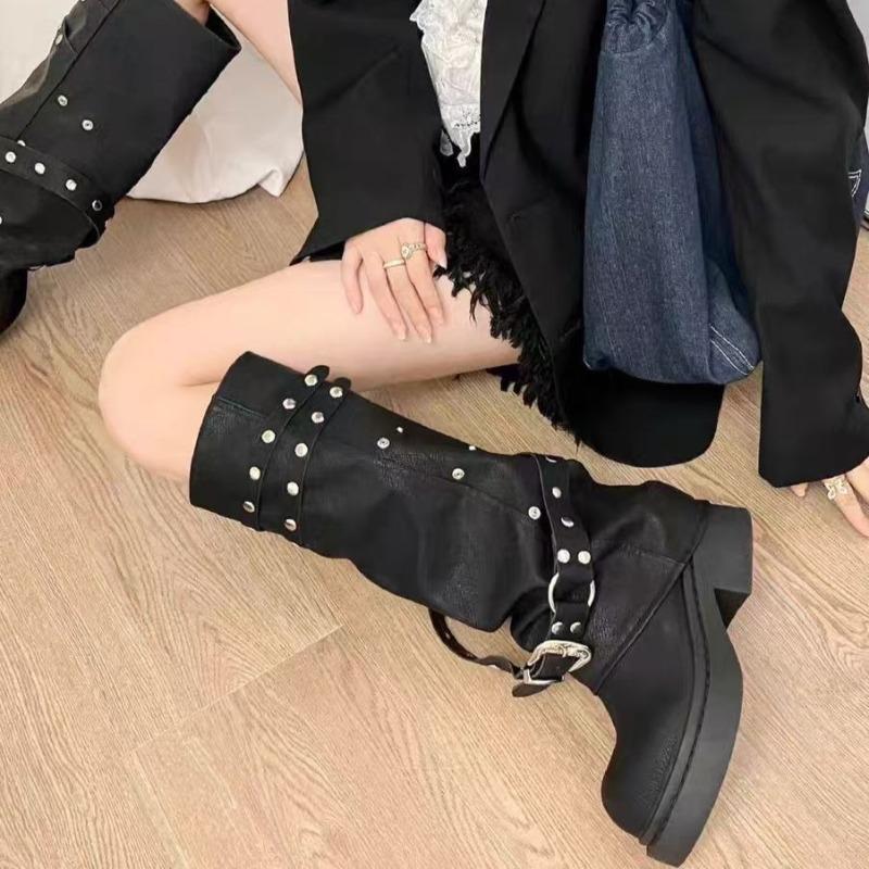 Fashion Women's Boots Thick-soled Trouser Legs Leather High Boot Fashion Designer Rivet Boot Punk Gothic Womens Knight Boots Botas Mujer