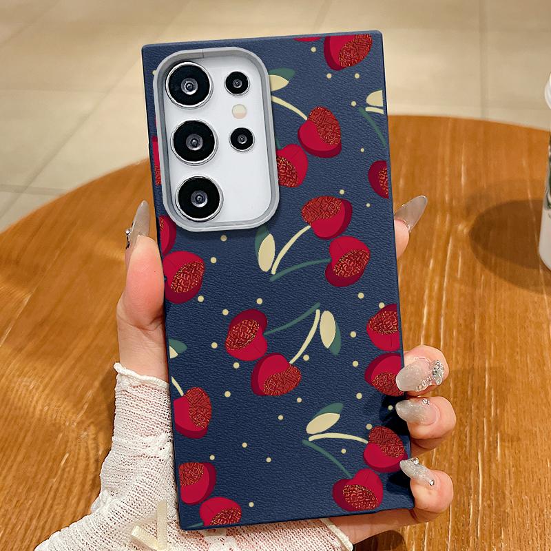 Cute Cherry Pattern TPU Leather Texture Slim Magnetic Case For Samsung S25 Ultra S24 FE S23 S22 S21 Wireless Charge Matte Shockproof Soft Phone Cover