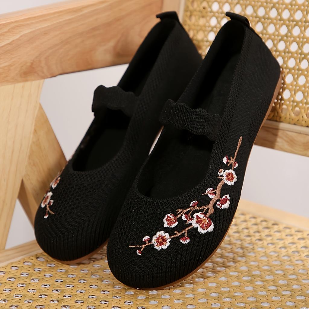 Floral Slip-on Shoes Women's Round Toe Slip-on Low Heel Embroidered Floral Lace-upless Anti-slip Walking Shoes, Breathable Daily Casual Shoes