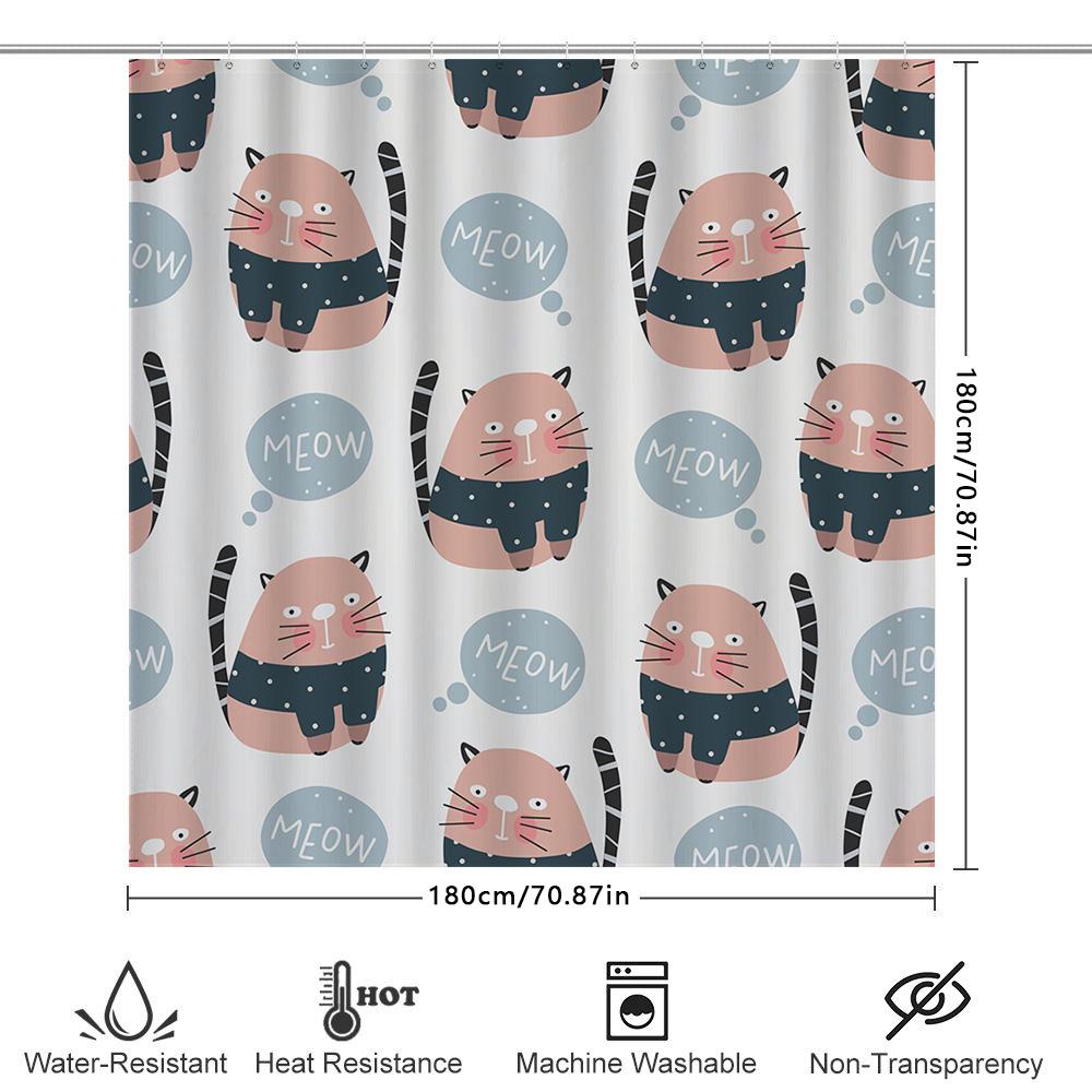 Whimsical Cat Shower Curtain Pink Black Striped Feline Print Polyester Fabric Waterproof Home Decor Item For Bathroom