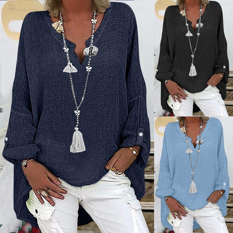 Womens Cotton Linen V Neck Long Sleeve Button Blouse